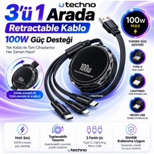utechno 100W 3'ü 1 Arada Makaralı USB Şarj Kablosu – Type-C Lightning Micro USB Uzatılabilir Toplanabilir Hızlı Şarj Kablosu