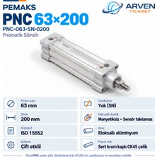 Pemaks PNC-063-SN-0200 (Pnc 63X200) Iso 15552 Çift Etkili Manyetiksiz Yastıklamasız Pnömatik Silindir