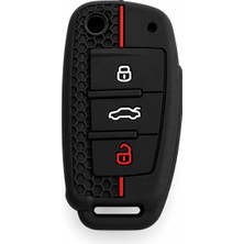 Autohan Keys Audi A1, A3, A4, A5, A6, A7, Q3, Q5, Q7 ile Uyumlu Silikon Anahtar Koruma Kılıfı, Petek Desenli Kırmızı Şeritli