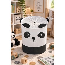 PH Prendi Home Gri Panda Desenli Fileli Katlanabilir Çok Amaçlı Saklama Sepeti Kirli Çamaşır ve Oyuncak Düzenleyici Organizer Sepet