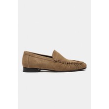 Nişantaşı Shoes Tony Rome Bej Süet Deri Düz Taban Kadın Loafer Ayakkabı