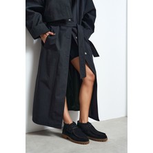 Nişantaşı Shoes Nila Siyah Süet Deri Bağcık Detay Tırtıklı Kalın Taban Kadın Bot