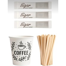 Özkan Ambalaj Temizlik Çay Seti Içecek Servis Seti Tek Kullanımlık Karton Bardak + Bambu Karıştırıcı + Stick Şeker )