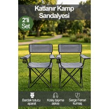 Ironika 2'li Özel Yırtılmaz Serge Ferrari Kumaşlı Katlanabilir Kamp Sandalyesi Rejisör Koltuğu Gri