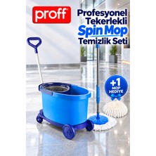 proff Profesyonel Tekerlekli Spin Mop Temizlik Seti - Çekme Kollu Döner Başlıklı Kova (+1 Yedek Mop Hediye)
