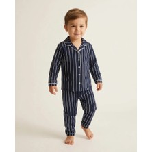 Erkek Bebek Lacivert Çizgili Yakalı Düğmeli Pijama Takımı