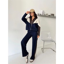 Kadın Renk Bloklu Fermuarlı Sweatshirt ve Bol Paça Pantolon Ikili Takım
