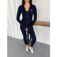 Kadın 3'lü Spor Takım Fermuarlı Crop Ceket Büstiyer ve Yüksek Bel Toparlayıcı Tayt