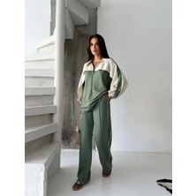 Kadın Renk Bloklu Fermuarlı Sweatshirt ve Bol Paça Pantolon Ikili Takım