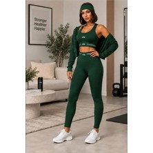 Kadın 3'lü Spor Takım Fermuarlı Crop Ceket Büstiyer ve Yüksek Bel Toparlayıcı Tayt