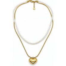 Jewels of Hope İncili ve Ayna Plaka Kalp Motifli 316L Çelik Kadın Kolye - Kararmaz Gold Zincir 45 cm