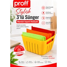 proff Stylish 3'lü Çizmez Bulaşık ve Temizlik Süngeri - Çok Amaçlı Düzenleyici Mandal Sepeti Hediyeli