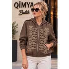 Qimya Butik Egzotik Asortik Kadın Önü Süvari Işlemeli Düğmeli Apoletli Kapüşonlu Ince Bomber Ceket