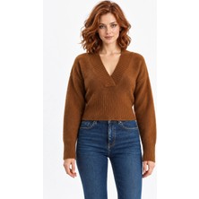 Mevese Kadın V Yaka Fitilli Triko Kazak - Vücuda Oturan Slim Fit Kazak - Camel