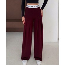 Kadın Beli Lastikli Bol Paça Krep Pantolon Bordo