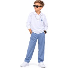 Ay Kids Erkek Çocuk Beyaz Polo Yaka Sweatshirt Siyah Çizgili Pantolon Takım – Şık Rahat Günlük Kombin 5084M-