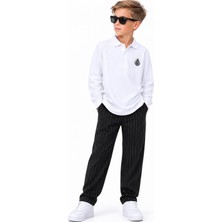 Ay Kids Erkek Çocuk Beyaz Polo Yaka Sweatshirt Siyah Çizgili Pantolon Takım – Şık Rahat Günlük Kombin 5084S-