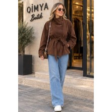 Qimya Butik Egzotik Asortik Kadın Beli Lastikli Kuşaklı Astarlı Dik Yaka Suni Süet Ceket Mont