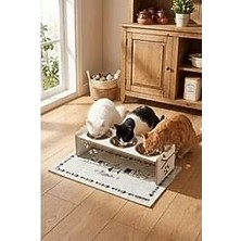 Pet Ahşap Üç Gözlü Ayarlanabilir Kedi-Köpek Mama ve Su Kabı-Paspas Hediyeli