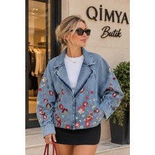 Qimya Butik Levure Kadın Kolları & Önü Boncuk Taş Işlemeli Yarasa Kol Premiım Şık Kot Ceket