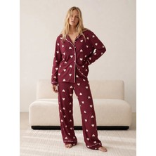 Siyah İnci Vişne Ekru Kalp Desenli Düğmeli Biyeli Oversize Pamuklu Örme Pijama Takım 8071