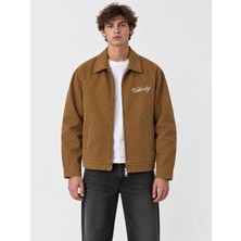 Little Cup Jeans Co Velocity Nakışlı Camel Fermuarlı Erkek Kanvas Ceket