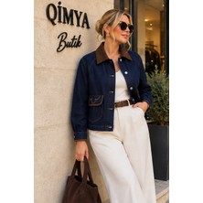 Qimya Butik Levure Kadife Yakalı Cep Kapakları Nakışlı Rahat Kesim Reglan Kol Rins Yıkama Kot Ceket