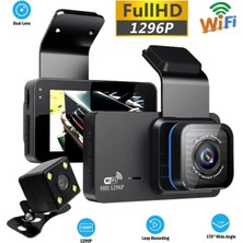 Junglee Black Box Wifi Li Araç Içi Kamera 3 Inç Ekranlı Ön ve Geri Görüş Kameralı Mikrofonlu 1296P Super Hd