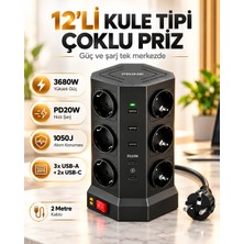 Matechno Kule Tipi 12’li Çoklu Priz 3680W – 3 Usb-A 2 Usb-C PD20W 1050J Akım Korumalı 2 Metre Kablolu Şarj Istasyonu