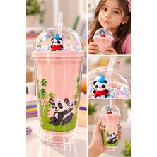 Biton Toptan Panda Pipetli Suluk 22 cm – Renkli Boncuklu Kubbe Kapaklı Matara – Okul ve Piknik Için Pembe 2770