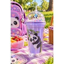 Biton Toptan Panda Desenli Pipetli Suluk 22 cm – Renkli Boncuklu Kubbe Kapaklı Matara – Okul ve Piknik Için Mor
