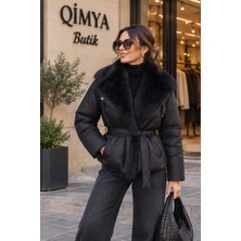 Qimya Butik Levure Kadın Hafif Elyaflı Çıtçıt Cepli Kürk Yakalı Kuşaklı Mont