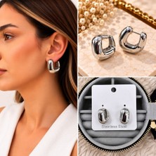 Fm 💎 Premium Parlak ve Şık Gümüş Renk Bombeli Oval Halka Kadın Çelik Küpe