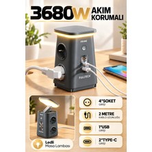 Enshall Akım Korumalı Fulltech  Ftr-38 Masaüstü Priz, 4’lü Priz, 2x Usb-C Pd 20W + 1x Usb-A Qc 18W Hızlı Şarj, 600J Aşırı Gerilim Koruması, 3680W, LED Aydınlatma, 1.9 M Kablo Beyaz
