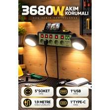 Enshall 5’li Fulltech Ftr-37 Akıllı Güç Istasyonu, 1 Usb-A + 1 Usb-C, Çift LED Aydınlatmalı, Anahtarlı Çoklu Priz