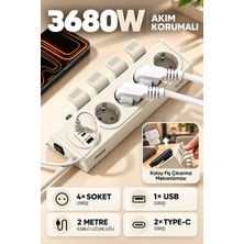 Enshall 4’lü Fulltech Ftr-36 Akım Korumalı Priz, 2x Usb-C + 1x Usb-A, 15W Hızlı Şarj, 350J Darbe Koruması, 3680W / 16A, 2 Metre Kablolu Çoklu Priz