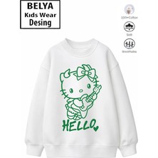 Belya Kids Wear Trend Çocuk Kız Model Tam Kalıp Oversize Sevimli Hello Tasarım 2 Iplik Pamuğa Pamuk Kumaş Sweatshirt 58
