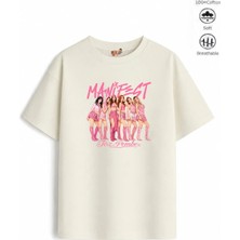 Belya Kids Wear Kız Çocuk Oversize Kalıp Belya Kids Toz Pembe Manifest Karikatür Tasarım Koyu Ekru 4 Pamuklu Tişört
