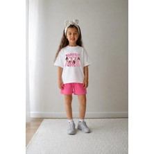 Belya Kids Wear Kız Çocuk Oversize Kalıp Belya Kids Manifest Toz Pembe Karikatür Tasarım Taytlı Alt Üst Takım