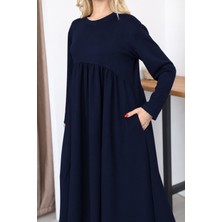 Esra Butik Lacivert Büzgülü Kesim Cepli Uzun ELBISE-125 cm