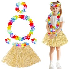Svoria Store  Yetişkin Çocuk Hawaii Parti Seti - 40 cm Naturel Etek + Çiçek Aksesuarlar (5 Parça)