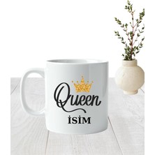 Elfi Kişiye Özel Queen Tasarımlı Kupa Bardak - Isim Yazılı Kraliçe Tacı Detaylı Beyaz Porselen Kupa