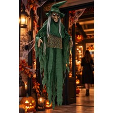 Dodomar Halloween Cadılar Bayramı Sensörlü Sesli Işıklı Asılabilir Büyük Yeşil Cadı Korku Süsü 150 cm