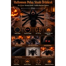Dodomar Halloween Peluş Siyah Örümcek Kırmızı Gözlü Cadılar Bayramı Masa Vitrin Parti Dekoru 19X15 cm