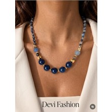 Devi Fashion Altın Kaplama Lacivert Doğal Taş Tasarım Kolye 55 cm