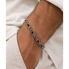 Ak Store Silver Rodyum Gümüş Kaplama B-104 Kromix Çelik Erkek Bilelik 1+1 Gravürlü Otantik Siyah Zirkon Taşlı Harfli 5 mm