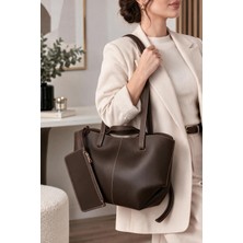 CLASSBAG Kadın Kahverengi Yavrulu (Fermuarsız) Geniş Hacimli Büyük Boy Omuz Çantası