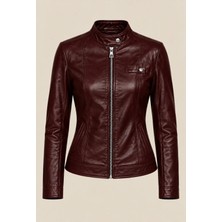 Velmora Leather Hakiki Deri Kadın Ceket Astarlı-Premium-Koyu Kırmızı-Siyah