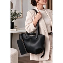 CLASSBAG Kadın Siyah Yavrulu (Fermuarsız) Geniş Hacimli Büyük Boy Omuz Çantası