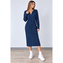 Trend Metkar Kadın Polo Yaka Lacivert Uzun Kollu Midi Elbise